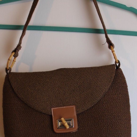 Brown Paper Straw w/ beige Wood Trim and leather , Satchel Shoulder Bag - Picture 6 of 7